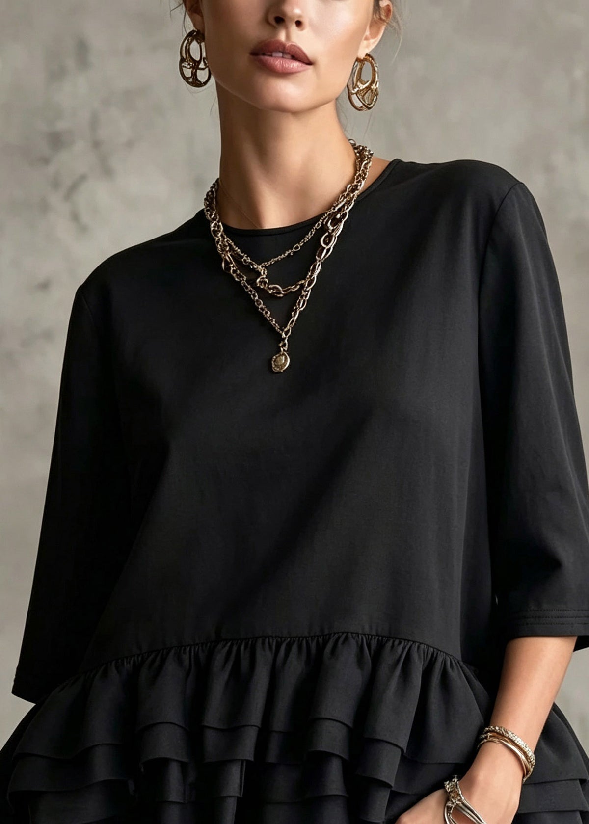 Women Black Ruffled Patchwork Solid Top Three Quarter Sleeve