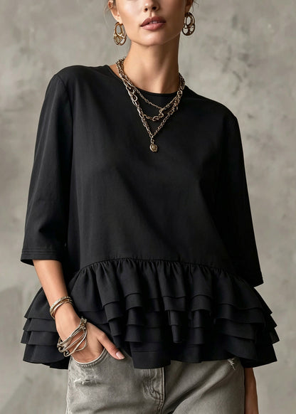 Women Black Ruffled Patchwork Solid Top Three Quarter Sleeve
