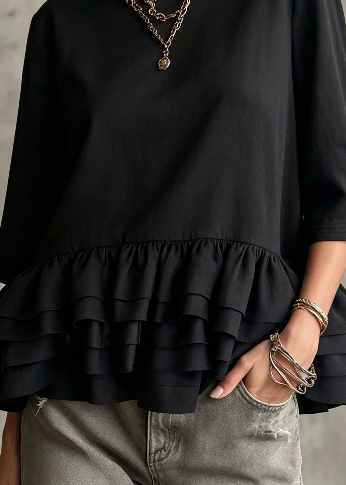 Women Black Ruffled Patchwork Solid Top Three Quarter Sleeve
