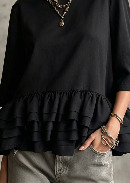 Women Black Ruffled Patchwork Solid Top Three Quarter Sleeve