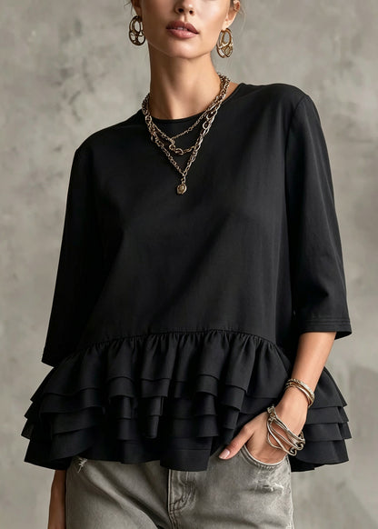 Women Black Ruffled Patchwork Solid Top Three Quarter Sleeve