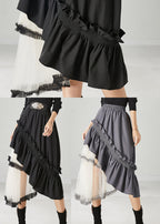 Women Black Ruffled Patchwork Tulle Cotton Skirt Spring