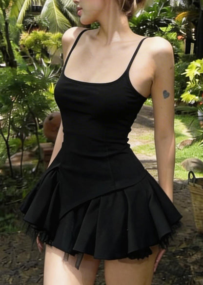 Women Black Ruffled Patchwork Tulle Mini Dress Summer