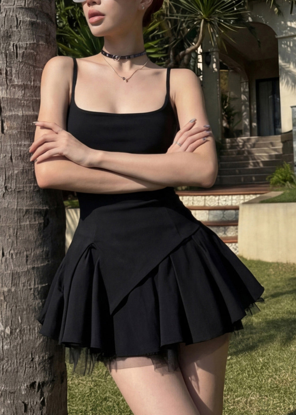 Women Black Ruffled Patchwork Tulle Mini Dress Summer