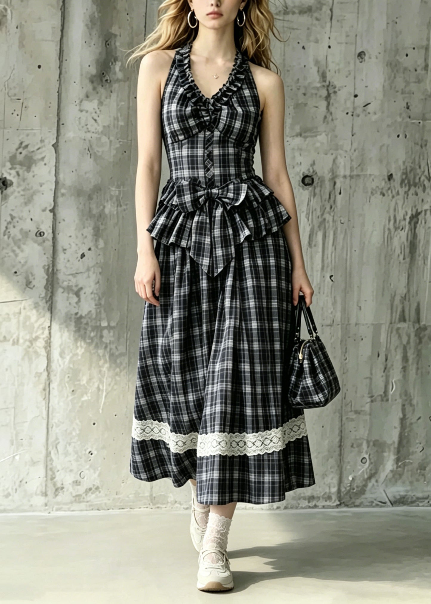 Women Black Ruffled Plaid Bow Cotton 2 Piece Outfit Summer