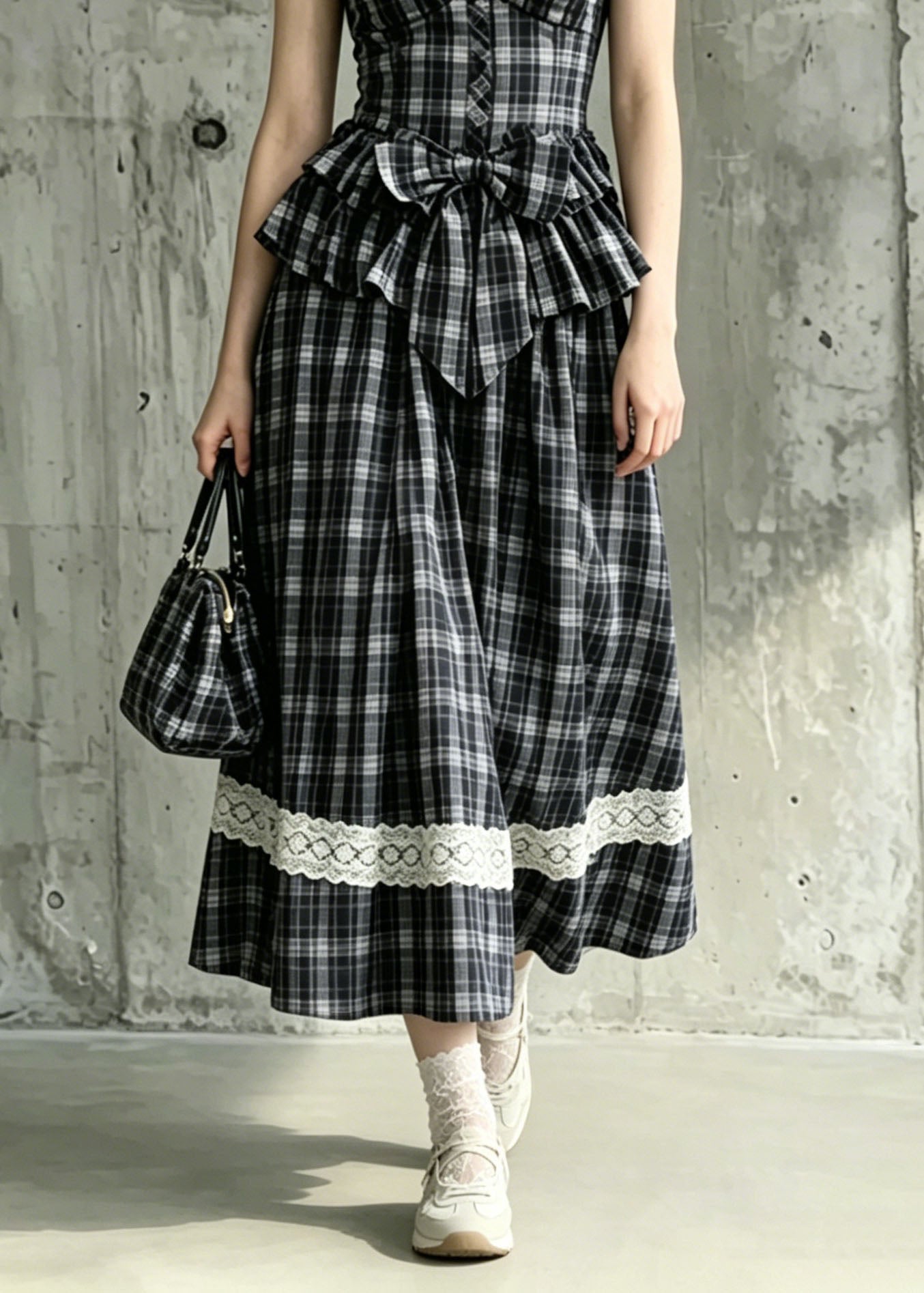 Women Black Ruffled Plaid Bow Cotton 2 Piece Outfit Summer