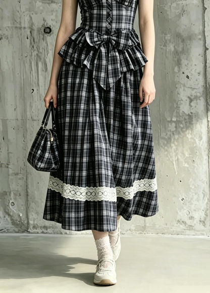 Women Black Ruffled Plaid Bow Cotton 2 Piece Outfit Summer
