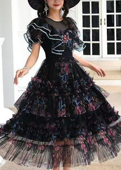 Women Black Ruffled Print Tulle Maxi Dresses Summer