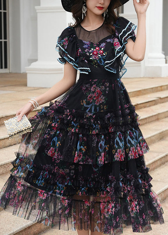 Women Black Ruffled Print Tulle Maxi Dresses Summer