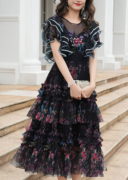 Women Black Ruffled Print Tulle Maxi Dresses Summer