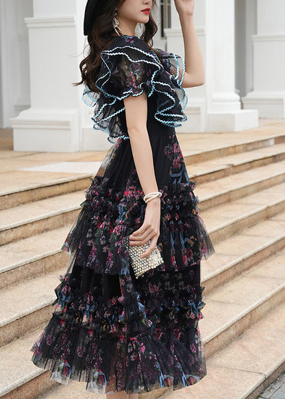 Women Black Ruffled Print Tulle Maxi Dresses Summer