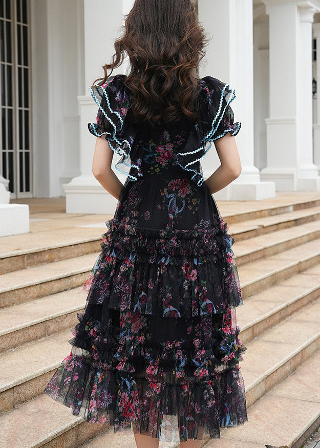 Women Black Ruffled Print Tulle Maxi Dresses Summer