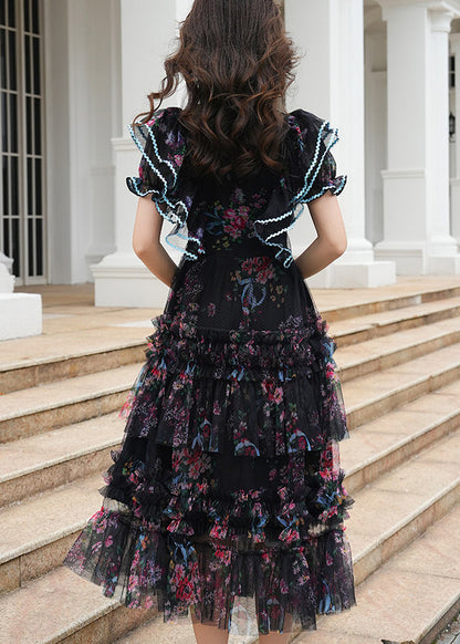 Women Black Ruffled Print Tulle Maxi Dresses Summer