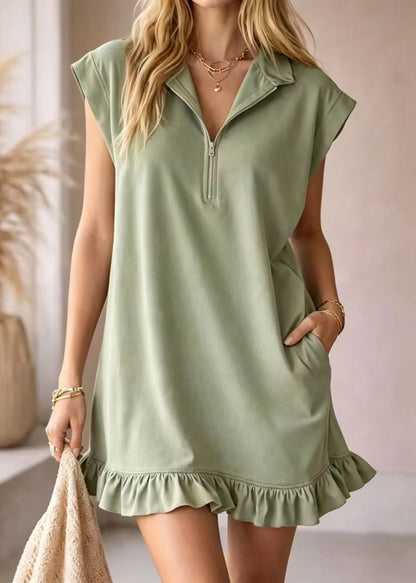 Women Black Ruffled Zippered Cotton Mini Dress Summer