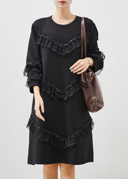Women Black Ruffles Patchwork Cotton Sweatshirts Dress Spring