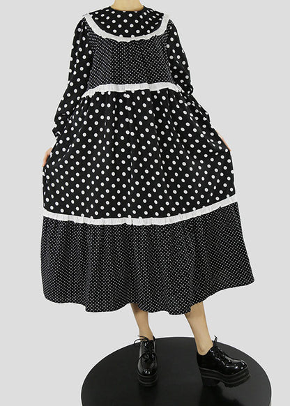 Women Black Ruffles Zip Up dot Patchwork Maxi Dresses Spring