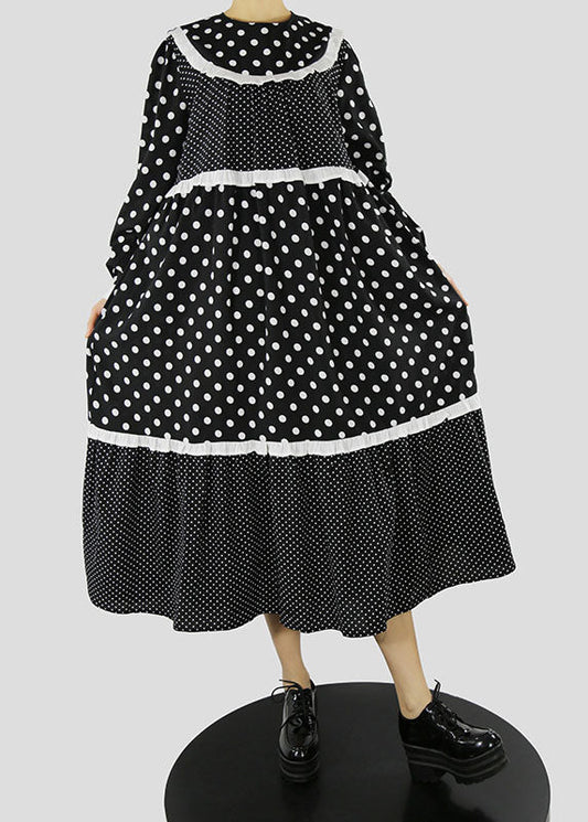 Women Black Ruffles Zip Up dot Patchwork Maxi Dresses Spring