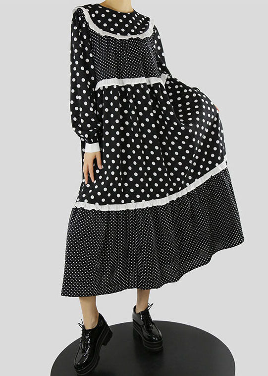 Women Black Ruffles Zip Up dot Patchwork Maxi Dresses Spring