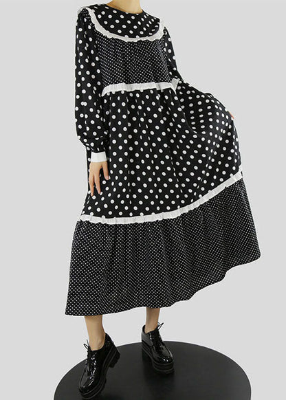 Women Black Ruffles Zip Up dot Patchwork Maxi Dresses Spring