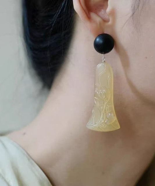 Women Black Sandalwood Carving Drop Earrings