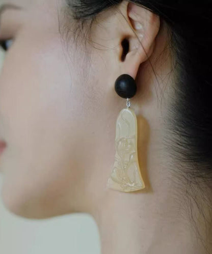 Women Black Sandalwood Carving Drop Earrings