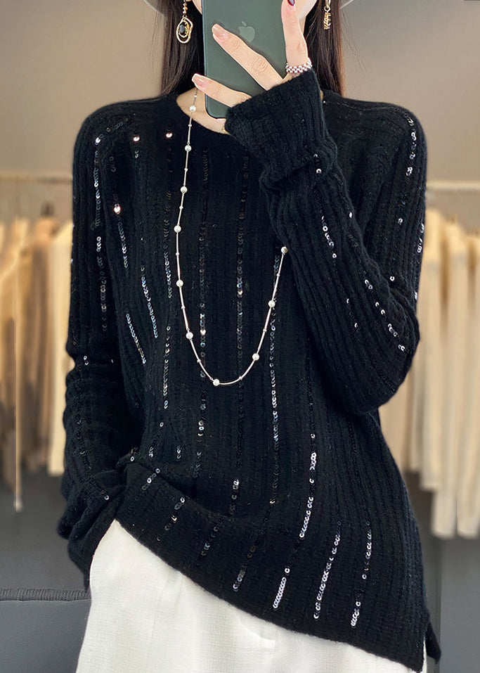 Women Black Sequins Solid Patchwork Knit Short Sweater