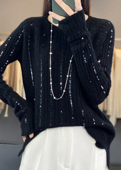 Women Black Sequins Solid Patchwork Knit Short Sweater