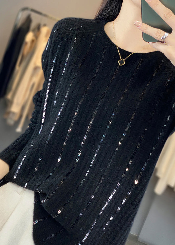Women Black Sequins Solid Patchwork Knit Short Sweater