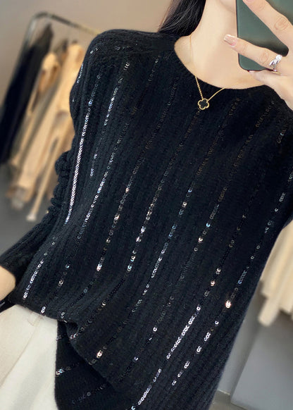 Women Black Sequins Solid Patchwork Knit Short Sweater