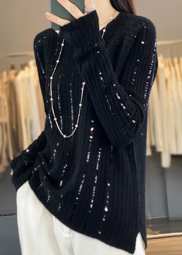 Women Black Sequins Solid Patchwork Knit Short Sweater