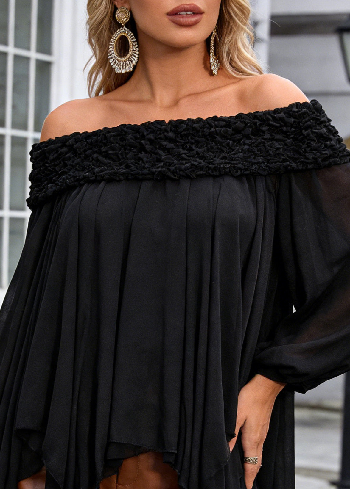 Women Black Slash Neck Asymmetrical Chiffon Shirt Spring