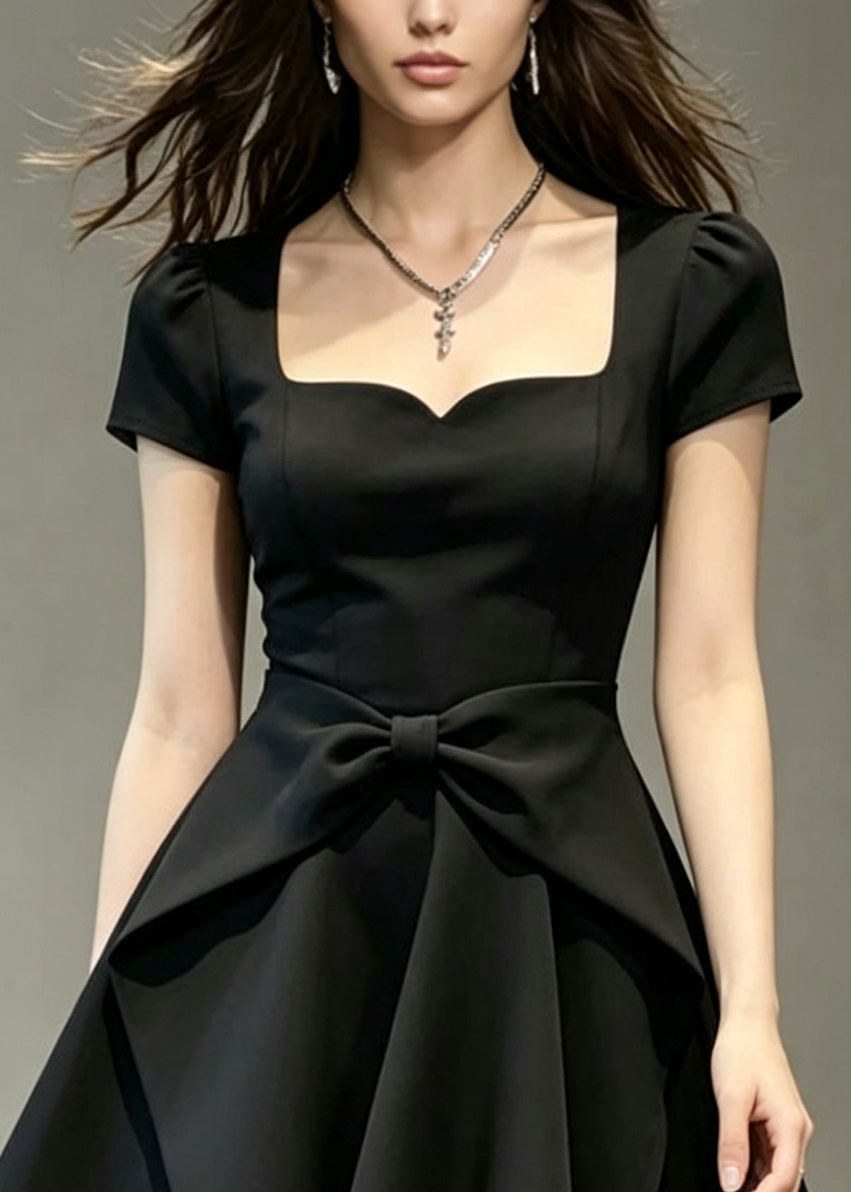 Women Black Square Collar Bow Patchwork Cotton Mid Dress Summer