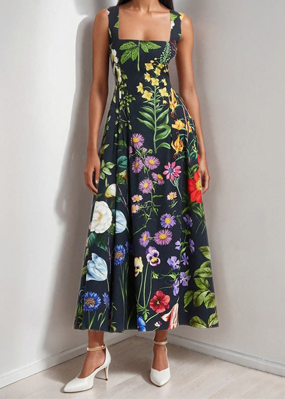 Women Black Square Collar Print Backless Cotton Dresses Sleeveless