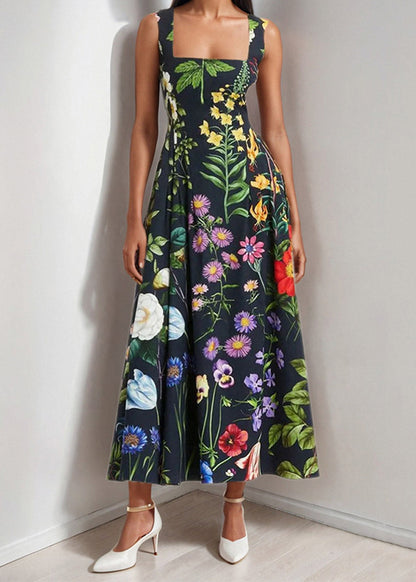 Women Black Square Collar Print Backless Cotton Dresses Sleeveless