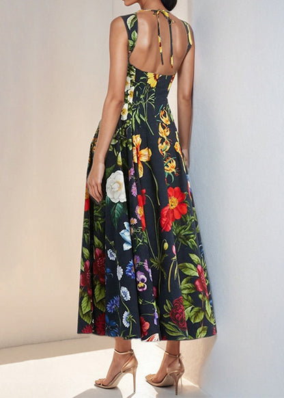 Women Black Square Collar Print Backless Cotton Dresses Sleeveless