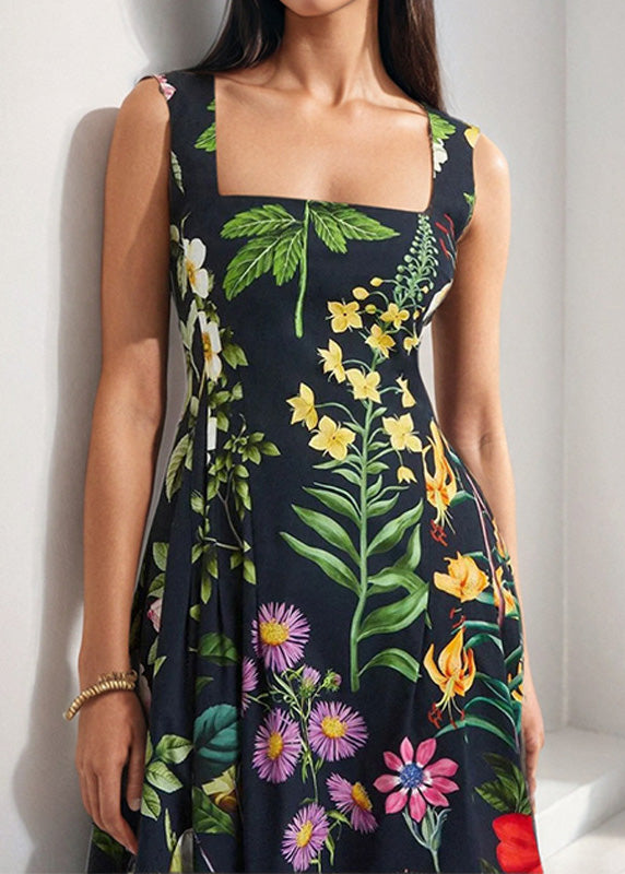 Women Black Square Collar Print Backless Cotton Dresses Sleeveless