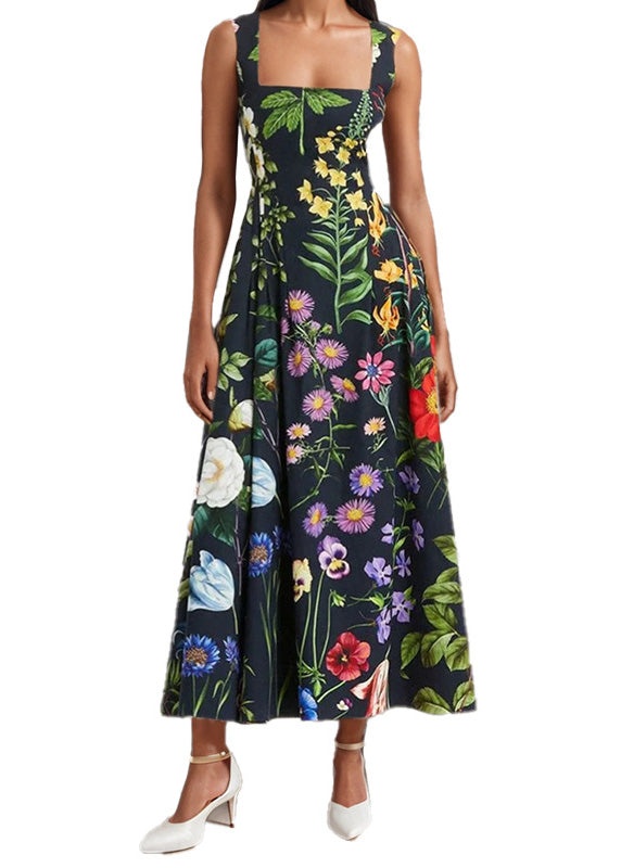 Women Black Square Collar Print Backless Cotton Dresses Sleeveless