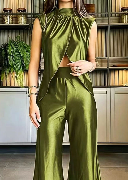 Women Black Stand Collar Asymmetrical Two Pieces Set Sleeveless