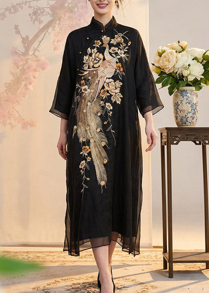 Women Black Stand Collar Embroidered Silk Long Dress Summer