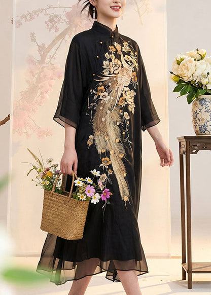 Women Black Stand Collar Embroidered Silk Long Dress Summer