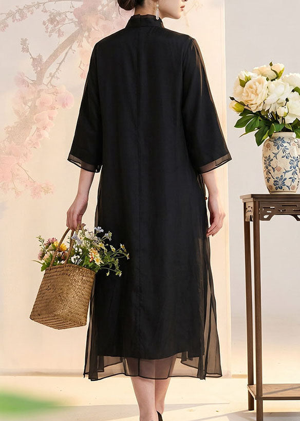 Women Black Stand Collar Embroidered Silk Long Dress Summer