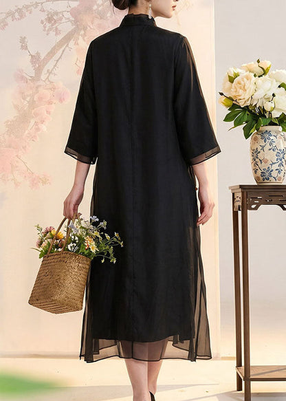 Women Black Stand Collar Embroidered Silk Long Dress Summer