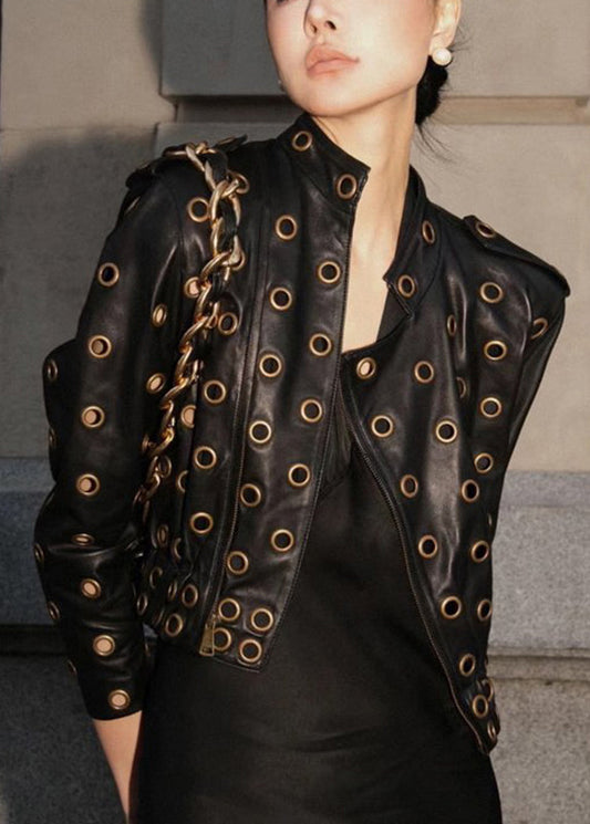 Women Black Stand Collar Hollow Out PU Jacket Long Sleeve