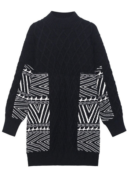 Women Black Stand Collar Jacquard Loose Fall Knit sweaters