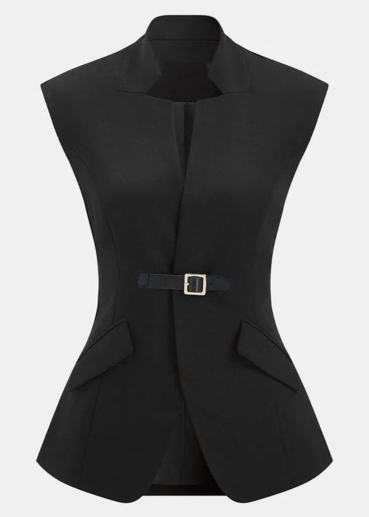 Women Black Stand Collar Patchwork Cotton Vest Sleeveless