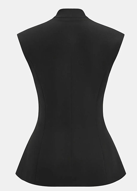 Women Black Stand Collar Patchwork Cotton Vest Sleeveless