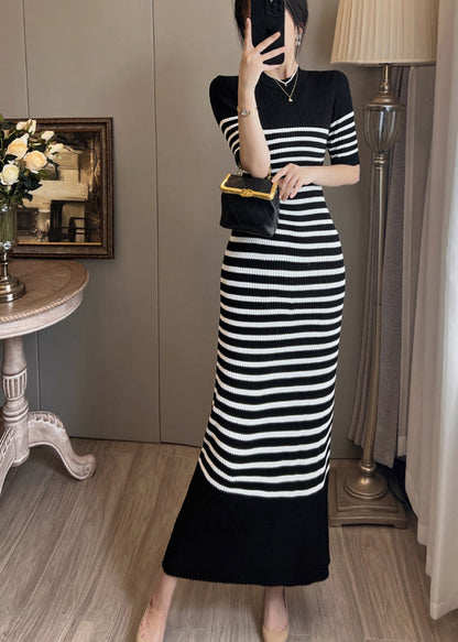 Women Black Stand Collar Striped Knit Straight Dress Summer