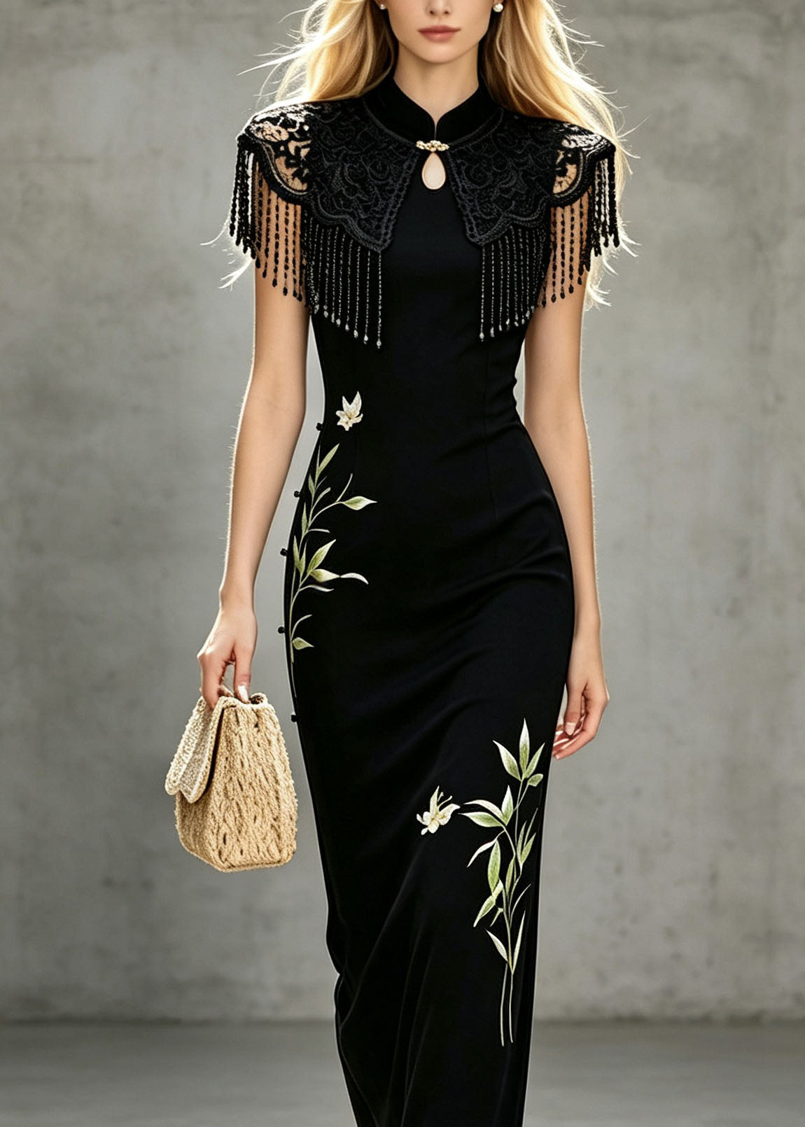 Women Black Stand Collar Tasseled Print Cotton Long Dresses Summer