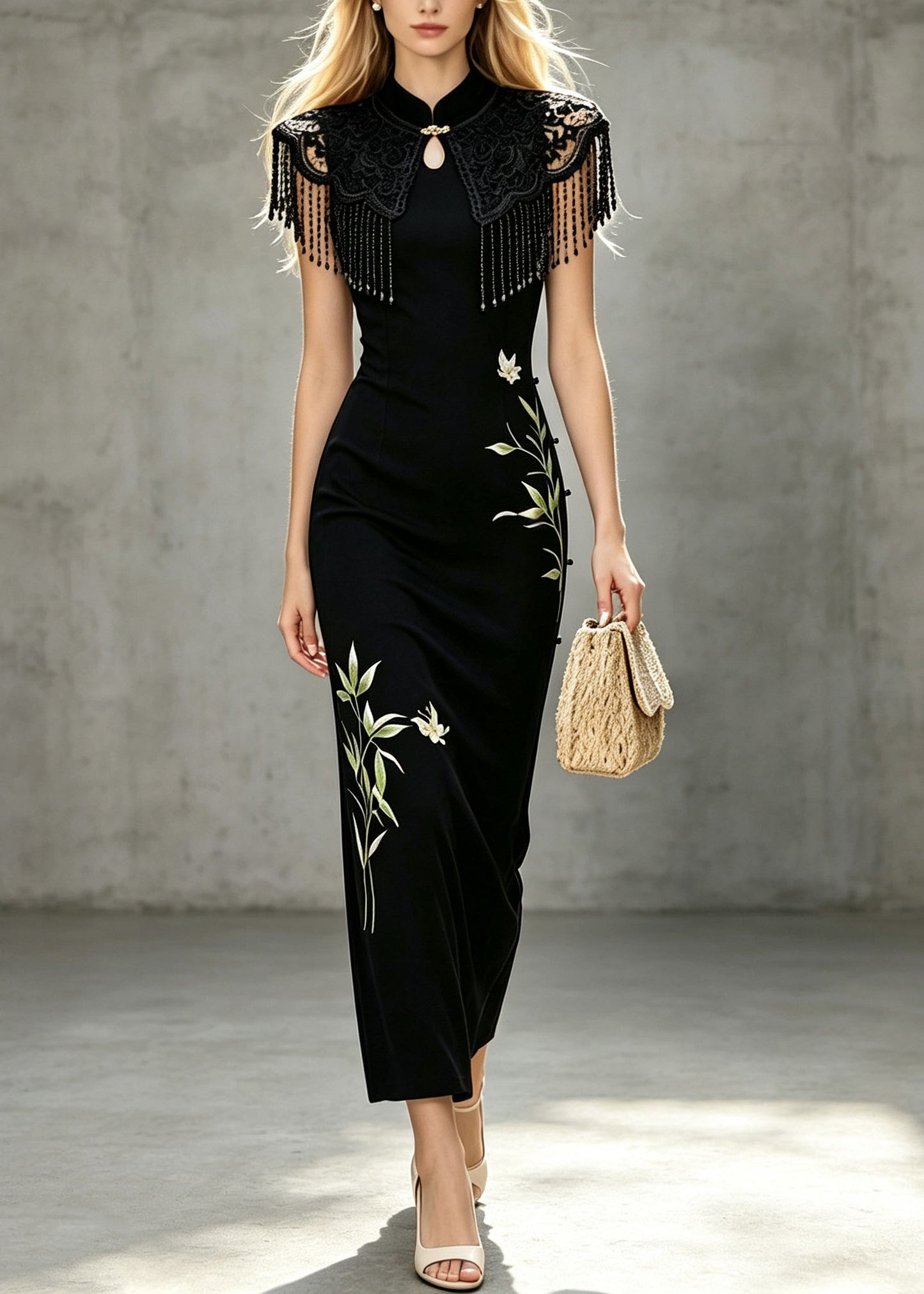 Women Black Stand Collar Tasseled Print Cotton Long Dresses Summer
