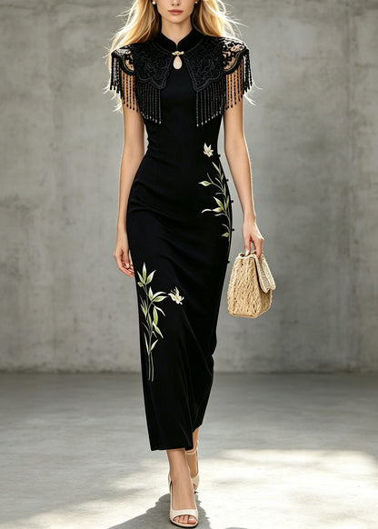 Women Black Stand Collar Tasseled Print Cotton Long Dresses Summer